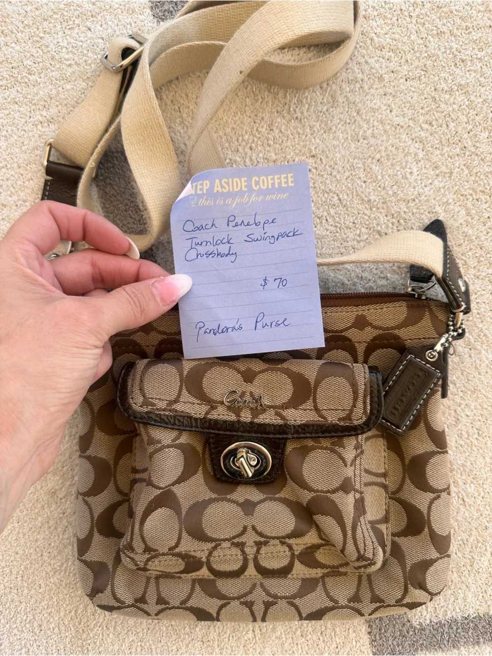 Coach Tan/Chocolate Signature Canvas Crossbody with Turnlock Pocket